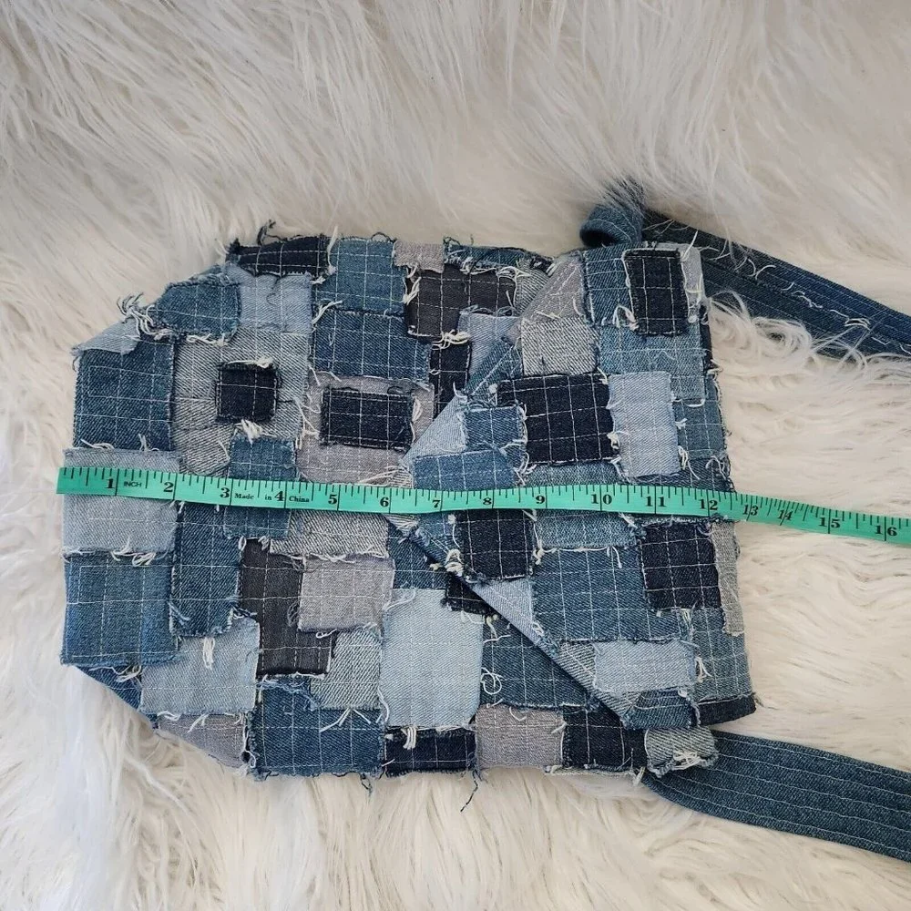 Denim Canvas Patchwork Crossbody Shoulder Bag Y2K Upcycle Bucket Boho Hippie‎ - Picture 10 of 14